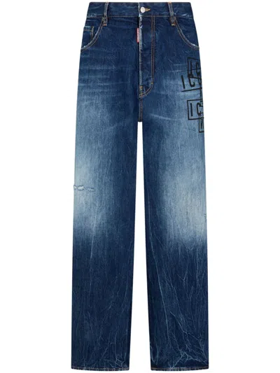 Dsquared2 Icon-print High-rise Straight-leg Jeans In Blue