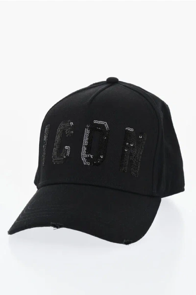 Dsquared2 Icon Solid Color Cap With Sequined Detail In Black