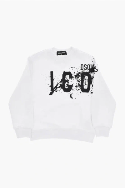 Dsquared2 Icon Solid Color Crew-neck Sweatshirt With Paint Effect Deta In White
