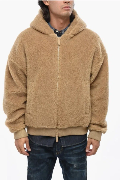 Dsquared2 Icon Solid Color Sherpa Jacket With Hood In Brown