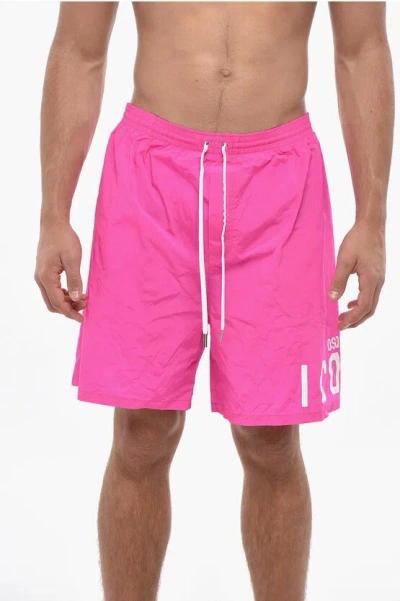 Dsquared2 Icon Solid Color Swim Shorts With Printed Logo In Pink
