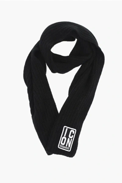 Dsquared2 Icon Solid Wool-blend Scarf With Embossed Logo In Black