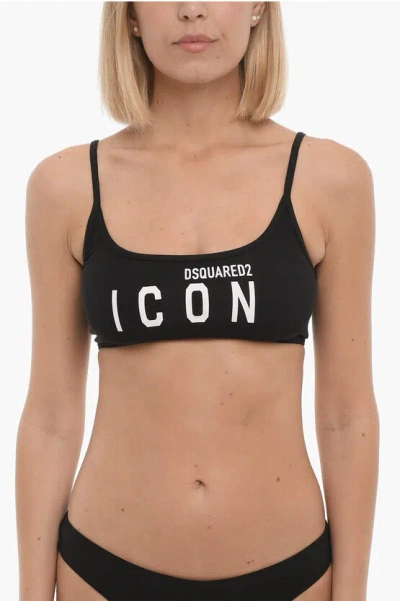 Dsquared2 Icon Stretch Cotton Sport Bra With Printed Contrasting Logo In Orange