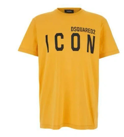 DSQUARED2 YELLOW CREWNECK T-SHIRT WITH MAXI LOGO PRINT ON THE FRONT IN COTTON MAN