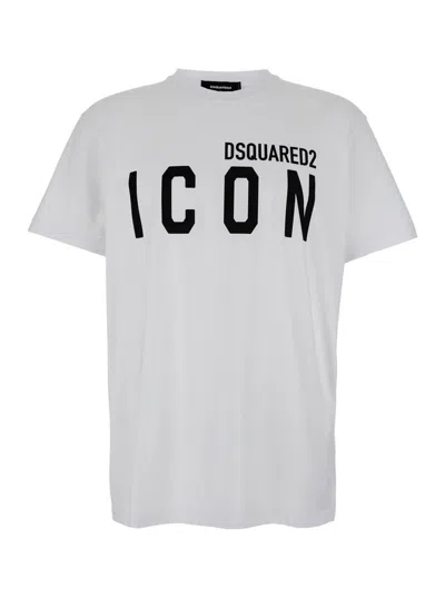 DSQUARED2 WHITE CREWNECK T-SHIRT WITH MAXI LOGO PRINT ON THE FRONT IN COTTON MAN