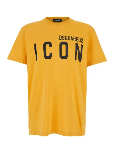 DSQUARED2 DSQUARED2 YELLOW CREWNECK T-SHIRT WITH MAXI LOGO PRINT ON THE FRONT IN COTTON MAN
