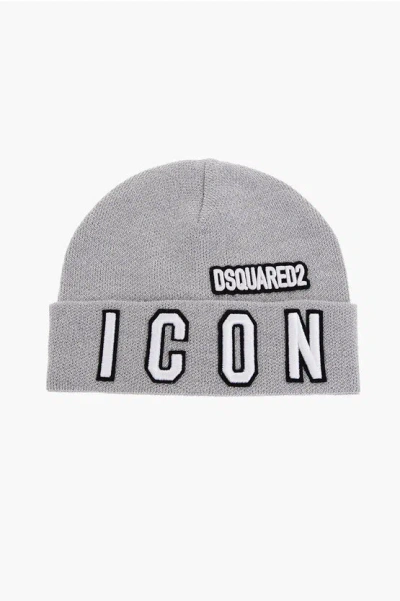 Dsquared2 Icon Wool Blend Beanie With Embossed Logo In Gray