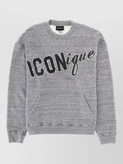 Dsquared2 Iconique Hoodie Ribbed Cuffs Hem Kangaroo Pocket In Gray