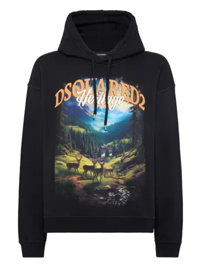 DSQUARED2 ILLUSTRATION-STYLE PRINT BLACK HOODIE WITH RELAXED FIT