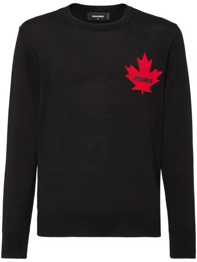 Dsquared2 Wool Crew Neck Knitwear With Red Maple Leaf Emblem In Black