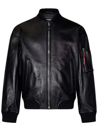 Dsquared2 Leather Bomber In Black