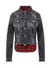 Dsquared2 Cropped Raw Hem Denim Jacket W/ Checked Shirt Insert In Blue