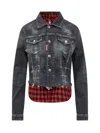 Dsquared2 Cropped Raw Hem Denim Jacket W/ Checked Shirt Insert In Blue