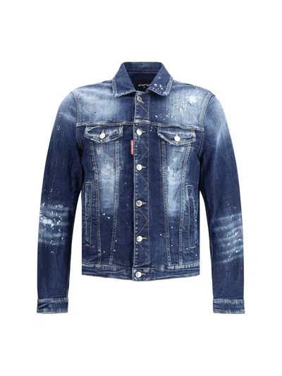 Dsquared2 Boxy Denim Jacket Distressed Detailing In Blue