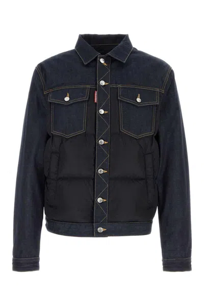 Dsquared2 Denim And Polyester Down Jacket With Contrast Stitching In Blue