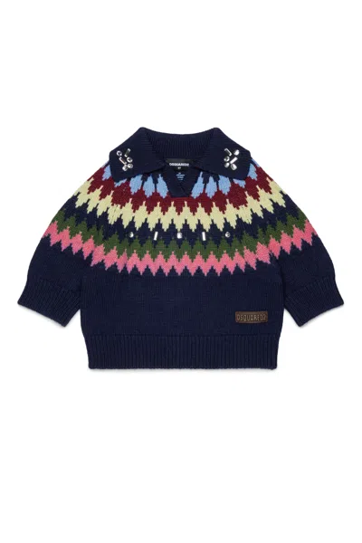 Dsquared2 Kids' Jacquard-knit Embellished Sweater In Blue