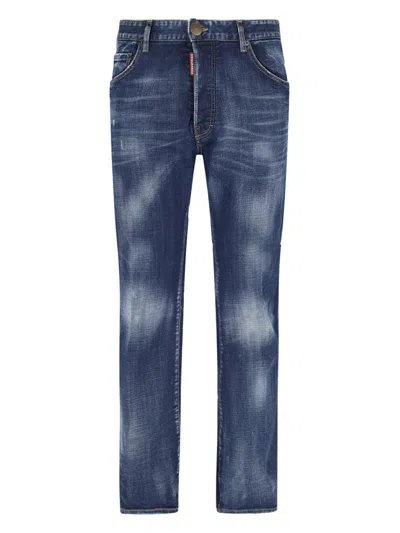 Dsquared2 Blue Straight Jeans With Logo Patch And Faded Effect In Stretch Cotton Denim Man