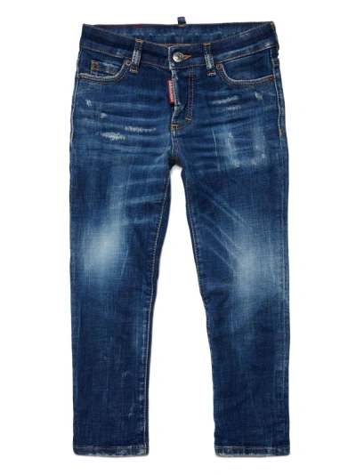 Dsquared2 Kids' Logo-tag Straight-leg Stretch-cotton Jeans In Blue