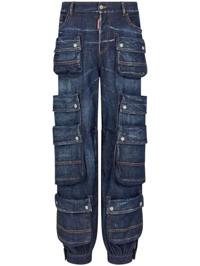Dsquared2 Low-rise Wide Denim Cargo Jeans In Navy