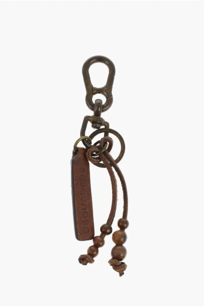 Dsquared2 Keyring With Logoed Leather Pendant And Wooden Beads