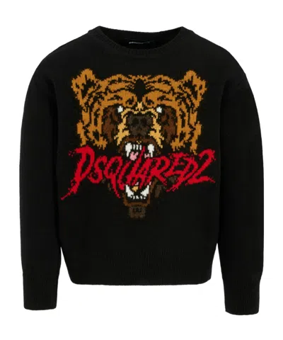 Dsquared2 Kids Logo Inatrsia-knit Crewneck Jumper In Black