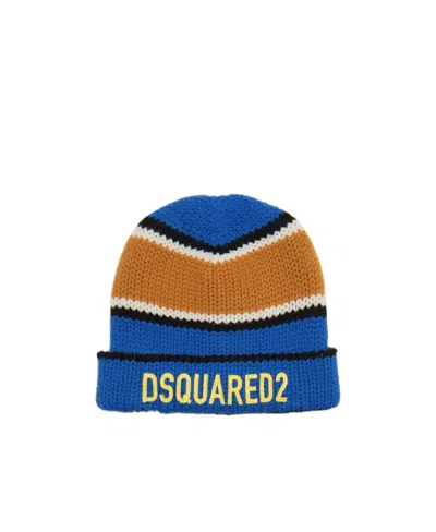 Dsquared2 Kids Logo Print Striped Knit Beanie In Blue