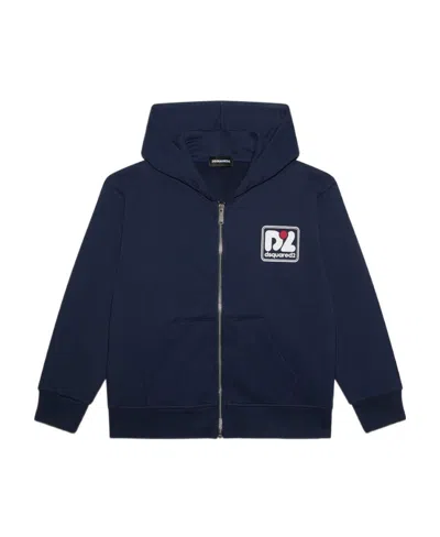 Dsquared2 Kids Logo Printed Zipped Straight Hem Hoodie In Blue