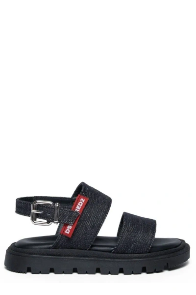 Dsquared2 Kids Logo Tag Denim Slingback Sandals In Black