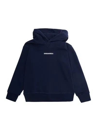 Dsquared2 Kids Mini Baby Boy Cotton Hoodie With Fixed Hood And Front Logo Lettering In Blu