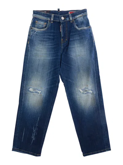Dsquared2 Kids Mini Boy Denim Jeans With Front Rips And Back Logo Patch In Blue