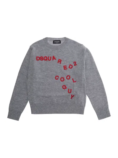 Dsquared2 Kids Mini Boy Logo Lettering Wool Crewneck Sweater In Gray