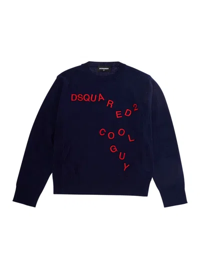 Dsquared2 Kids Mini Wool Logo Front Crewneck Sweater For Baby Boy In Blue