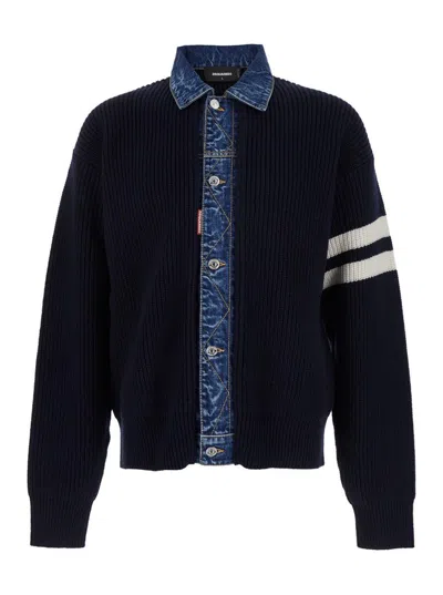 DSQUARED2 BLUE CARDIGAN WITH DENIM PANELS AND STRIPED DETAILS ON THE SLEEVE
