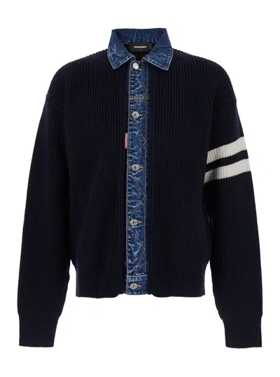 DSQUARED2 BLUE CARDIGAN WITH DENIM PANELS AND STRIPED DETAILS ON THE SLEEVE IN WOOL AND CASHMERE MAN