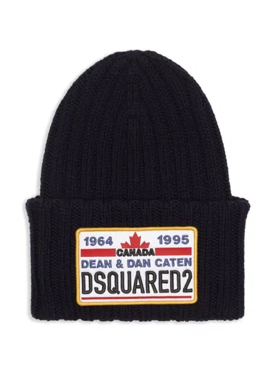 Dsquared2 Knitted Beanie With Folded Cuff And Colorful Patch In Black