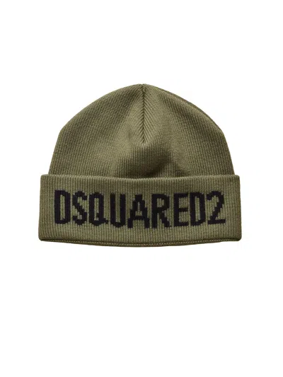 Dsquared2 Knitted Wool Beanie Hat With Folded Cuff And Bold Lettering In Green