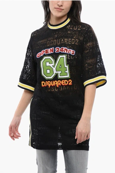 DSQUARED2 LACE 24HRS MAXI T-SHIRT WITH EMBROIDERED LOGO