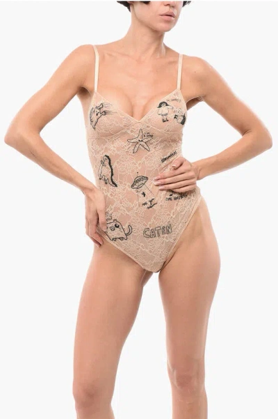 Dsquared2 Lace Bodysuit With All-over Embroideries In Neutral