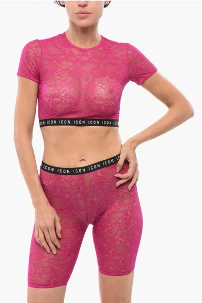 Dsquared2 Lace Crop Top With Logoed Elastic Band In Pink