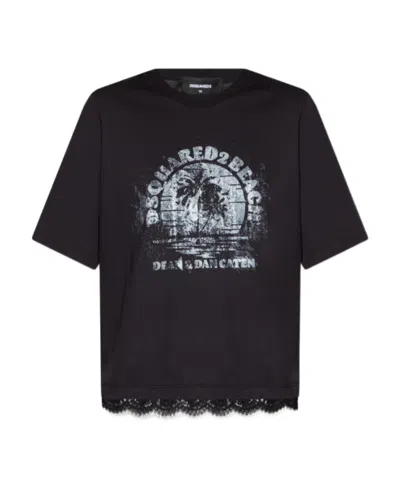 Dsquared2 Printed Cotton T-shirt With Lace In Black