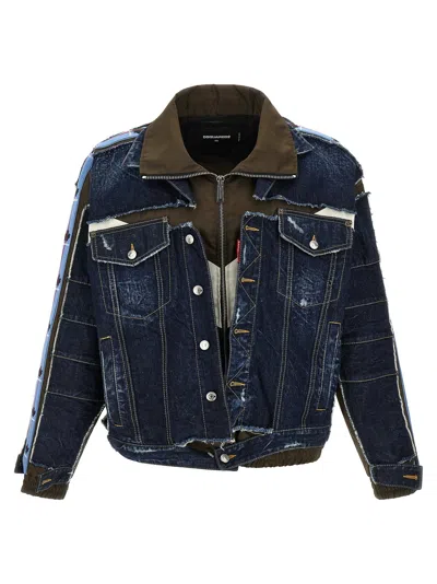 Dsquared2 Layered Denim And Canvas Hybrid Jacket In Blue