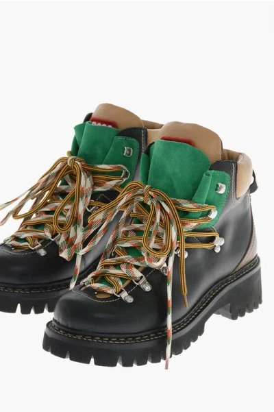 Dsquared2 Leather And Suede Hiking Ankle Boots With Logo Patch In Black