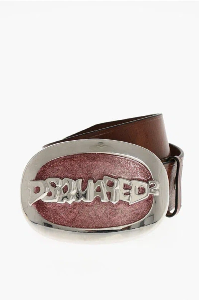 Dsquared2 Leather Belt With Glittered Maxi Buckle 40mm