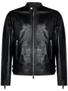 Dsquared2 Men Black Biker Jacket With Mandarin Collar And Waist Straps In Leather Man In Black