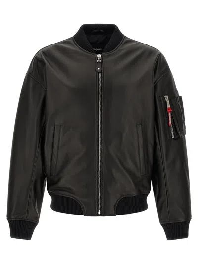 Dsquared2 Leather Bomber Jacket In Black