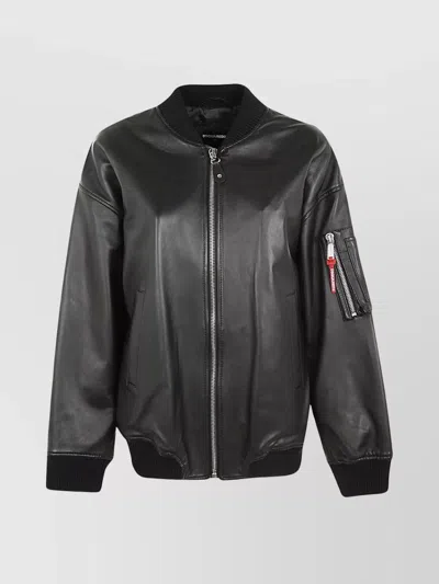 DSQUARED2 LEATHER BOMBER JACKET WITH RIBBED FINISH
