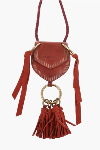 Dsquared2 Leather Coin Purse With Drawstring And Tassel Details In Orange