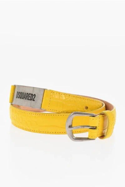 Dsquared2 Leather Crocodile-effect Belt 30mm In Yellow