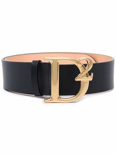Dsquared2 Leather D2 Belt With Logo In Nero E Oro