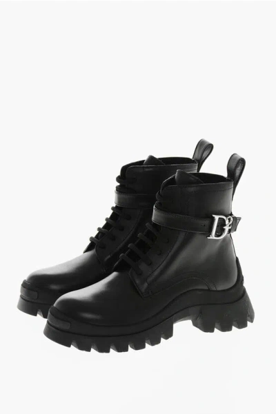 DSQUARED2 LEATHER D2 STATEMENT COMBAT BOOTIES WITH LOGOED STRAP